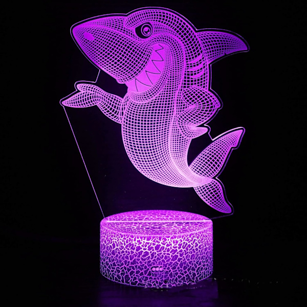 3D Hajfisk Natlampe Illusion 7 Farveskiftende Berøringskontakt Bordskrive Dekorationslamper Gave med Akryl Flad ABS Base USB Kabel Legetøj