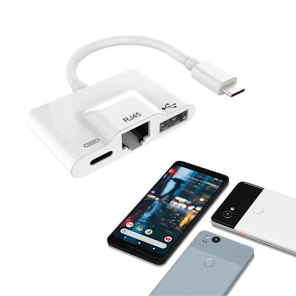 USB-Ethernet-sovitin 3-in-1 Type C -verkkoadapteri, muuntaa matkapuhelimen yhteyden Ethernet-verkkoon