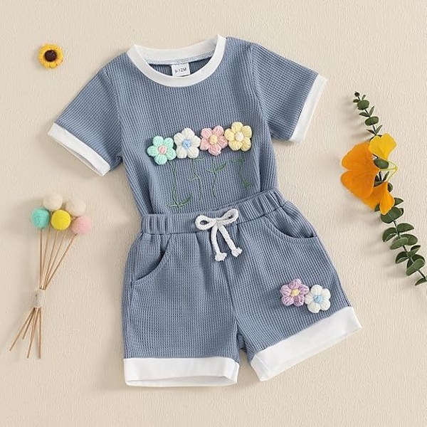 Sommarkläder för små flickor, våfflad topp med 3D-blommor, kortärmad, shorts med resår i midjan, söta babykläder blue 3-4Y
