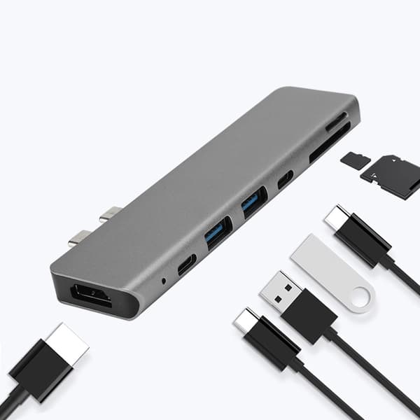 Grå 7-i-1 USB-C til Type-C 3xUSB 3.0 Hub HDMI Rj45 Ethernet Mini SDTF OTG Adapter