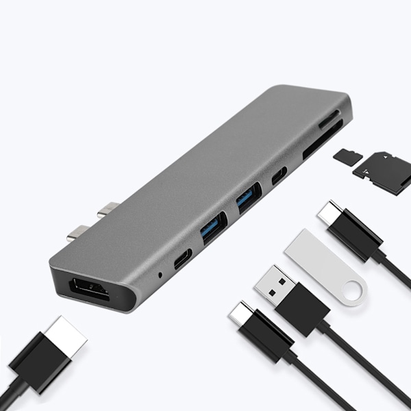 Harmaa 7-in-1 USB-C - Type-C 3xUSB 3.0 Hub HDMI Rj45 Ethernet Mini SDTF OTG -sovitin