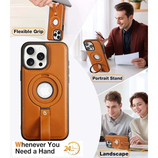 Magnetisk Ringgrepphållare för Mobilskal | Skyddande Mobilskal i Läder | Kompatibel med MagSafe | Inbyggt Ställ iphone 16pro brown