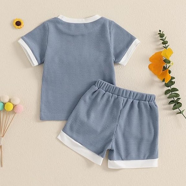 Sommarkläder för små flickor, våfflad topp med 3D-blommor, kortärmad, shorts med resår i midjan, söta babykläder blue 3-4Y