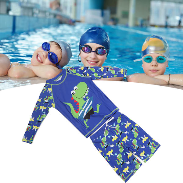Pojkar Flickor Tvådelad Badkläder Snabbtorkande Dinosaurie Mönster UV-skydd Långärmad Rash Guard Set Blå M