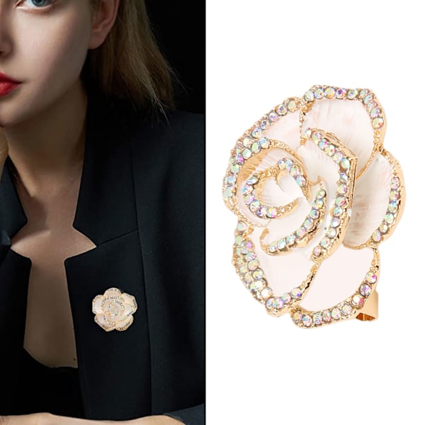 Vit blomma brosch pin kvinnor retro elegant utsökt legering strass kronblad brosch för bröllop bankett