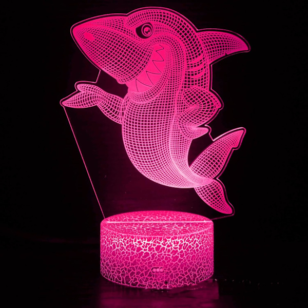 3D Hajfisk Natlampe Illusion 7 Farveskiftende Berøringskontakt Bordskrive Dekorationslamper Gave med Akryl Flad ABS Base USB Kabel Legetøj