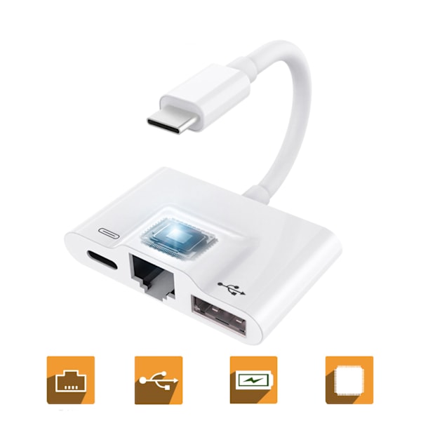 USB-Ethernet-sovitin 3-in-1 Type C -verkkoadapteri, muuntaa matkapuhelimen yhteyden Ethernet-verkkoon