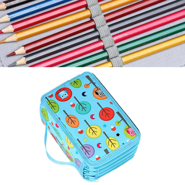 Blå blyantveske med søtt tegneseriemotiv, stor kapasitet, praktisk glidelås, bærbar blyantveske med 72 spor