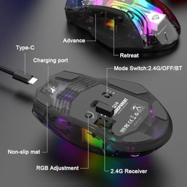 Bluetooth Trådlös Mus, Tri-Mode 2.4G/USB-C/Bluetooth Mus Upp till 3600 DPI, Transparent Mekanisk Spelmus, Chroma RGB Bakgrundsbelyst White