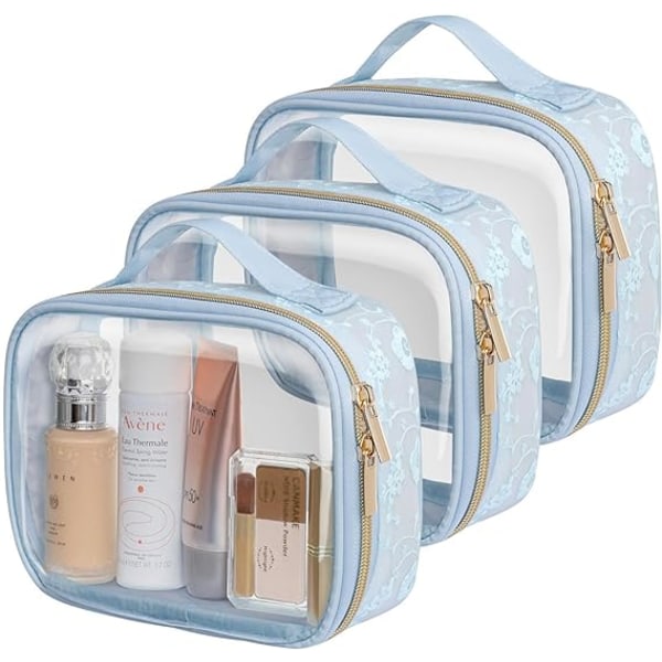 Toalettväska - Genomskinlig sminkväska Vattentät väska i kvartsstorlek, kosmetikaväska för resor för kvinnor, bärbar väska som uppfyller flygplatsflygbolagen, 3-pack Blue