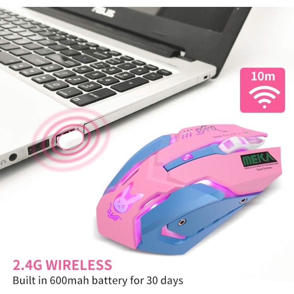 Spelmus, 7 Färger Bakgrundsbelyst Optisk Trådlös Mus Ergonomisk med 2400 DPI och 6 Knappar Rosa