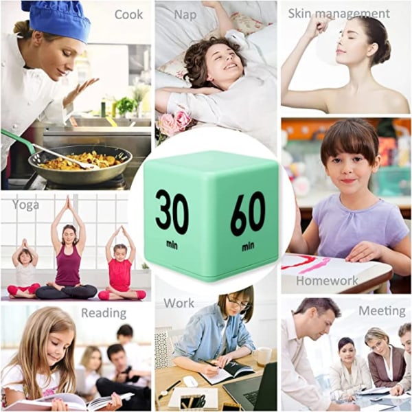 Countdown Kitchen Cube Timer Fitness Cooking Time Reminder Kids Student Alarm Clock, 15-20-30-60 Minutes（Vihreä）