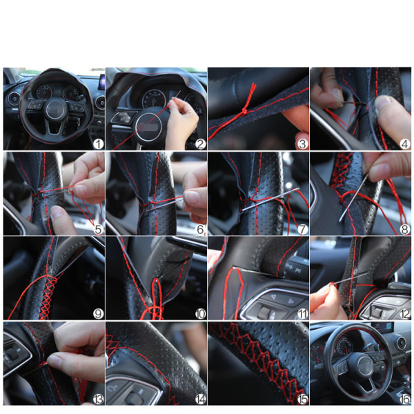 Læderratbetræk til lastbiler og busser, åndbart og skridsikkert design, blødt og behageligt（Læder sort rød linje fuldt hul）47cm