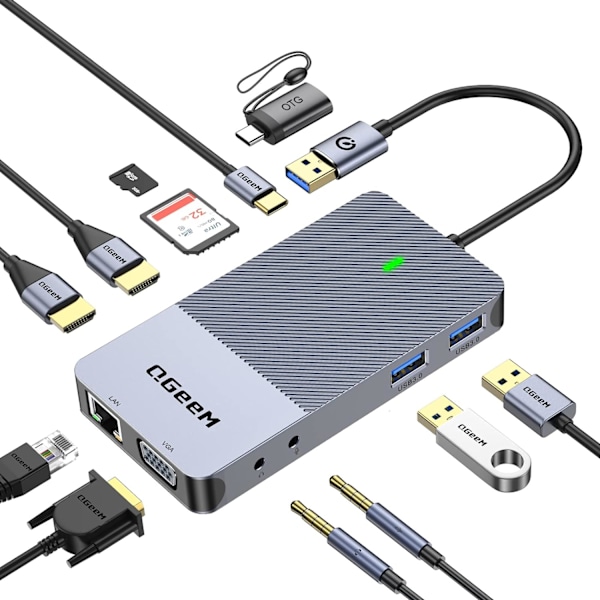 Trippelskärms USB-hubb, dubbelskärmsdockningsstation kompatibel med MacBook M1 Dell HP Lenovo (2 HDMI VGA SD TF-kortläsare Ethernet Audio 2 USB 3.0)