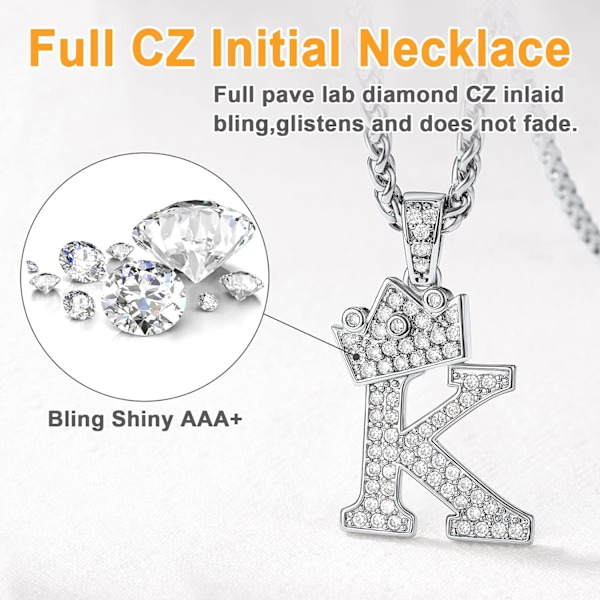 Krone Initial A-Z Halskæde, Iced Out Bogstav Vedhæng med 22-24 Tommer Kæde, Mænd Kvinder Bling Hip Hop Alfabet Navn Smykker Gave Store Initialer Halskæder K Silver