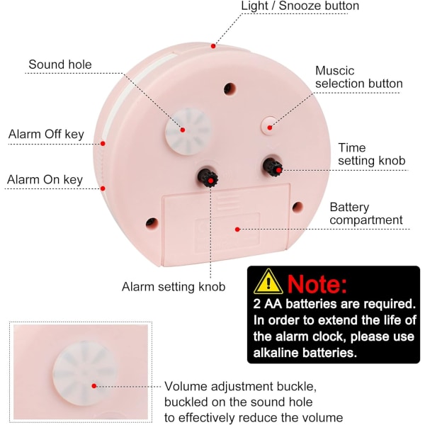 Analoginen herätyskello, 4 tuuman erittäin hiljainen, tikittävä pieni kello torkkutoiminnolla ja yövalolla, paristokäyttöinen matkaherätyskello, yksinkertainen muotoilu (vaaleanpunainen)