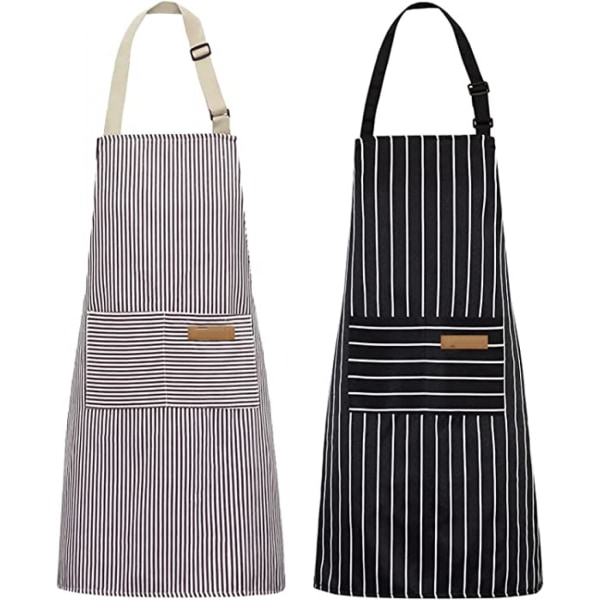 2 Pack Kitchen Cooking Aprons, Adjustable Soft Chef Apron with 2 Pockets for Men Women (Black/Brown Stripes)