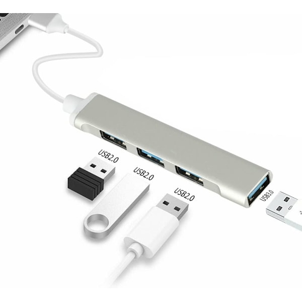 Silver-JacobsParts UH3-P USB 3.0 4-port hub splitter, slank og elegant aluminium til PC, Mac, bærbar computer og stationær computer