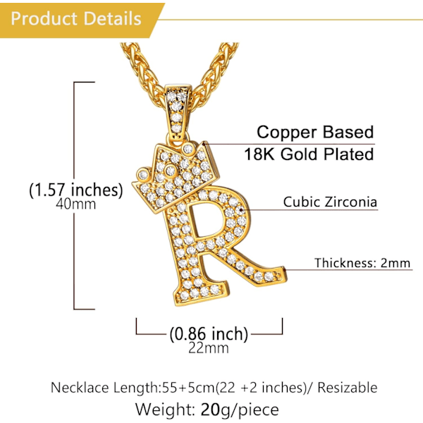 Crown Initial A-Z Halsband, Iced Out Letter Hänge med 22-24 Tums Kedja, Män Kvinnor Bling Hip Hop Alfabet Namn Smycken Present Stora Initialer Halsband R 18K Gold