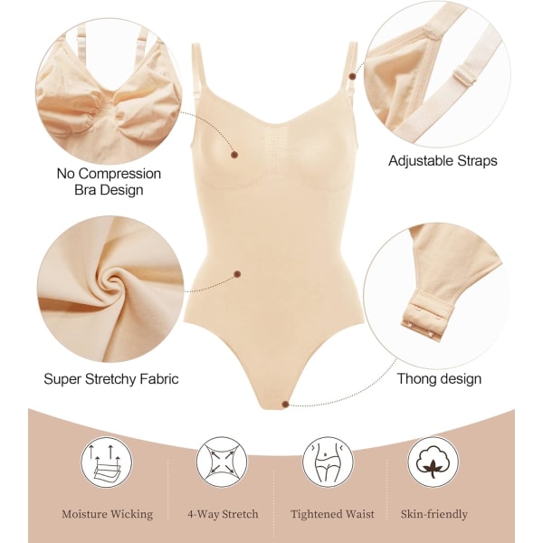 Kvinners Shapewear Bodysuit Tummy Control Body Shaper Sømløs Skulptur Snatched Waist Body Suit Beige Thong XXL