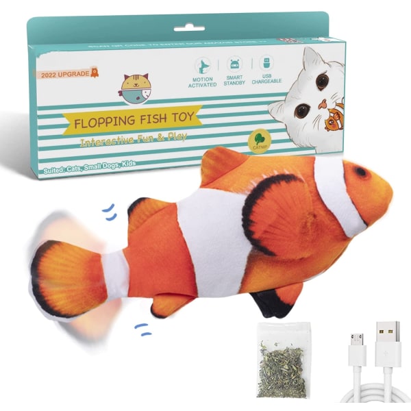 Flopping Fish 10,5", oppgradert for 2022, Moving Cat Kicker Toy, Floppy Fish Animal Toy for små hunder, Wiggle Fish Catnip Leker, Motion Kitten, Klovnefisk