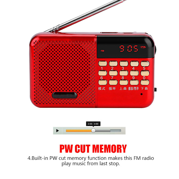 PW Cut -muististereo FM-radio U-levy/TF-musiikki Mini USB FM-radiokaiutin 24 tunnin valmiustilassa