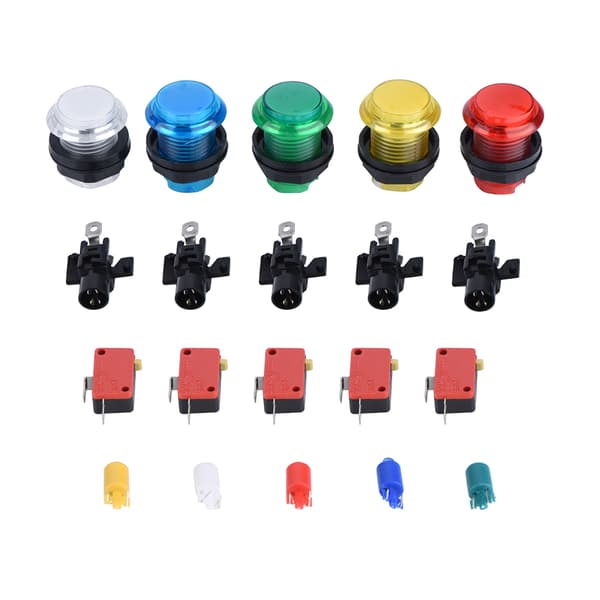 5 stk. runde trykknapper med farverig LED-lys til oplyst arkade-videospil