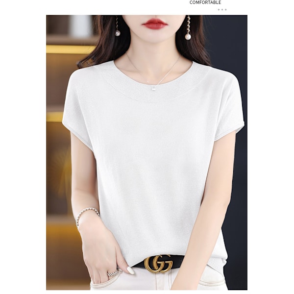 Sommer Ny Casual Kortærmet Dame Rund Hals Strik Sweater Ærme T-shirt Løs Western-stil Lys Silke Elegant Top White L