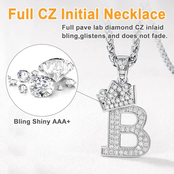 Krone Initial A-Z Halskæde, Iced Out Bogstav Vedhæng med 22-24 Tommer Kæde, Mænd Kvinder Bling Hip Hop Alfabet Navn Smykker Gave Store Initialer Halskæder B Silver