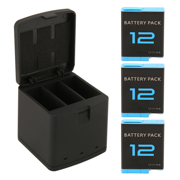 Actionkamera Batterilader 3 Kanals Oppbevaring Lading med 3stk 1800mAh Oppladbare Litium Ion Batteri