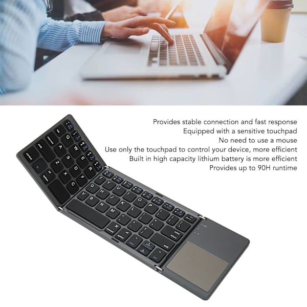 Foldbar BT-tastatur - Ultra tynd bærbar lommerejse tastatur med følsom touchpad til smartphone, tablet og bærbar computer