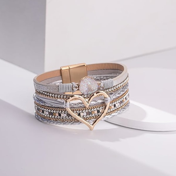 Hjärtformade Läderarmband Stackbara Boho Manschetter Armband Trendiga Resin Stenar Rhinestone Armband med Magnetisk Spänne för Kvinnor Julgåva Smycken
