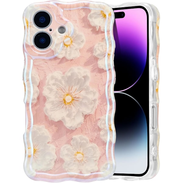 Deksel til iPhone 16plus, Fargerik Retro 0iI Maleri Trykt Blomst Laser Glanset Mønster Søt Krøllete Bølgekant Utsøkt Stilig Dura Light Pink