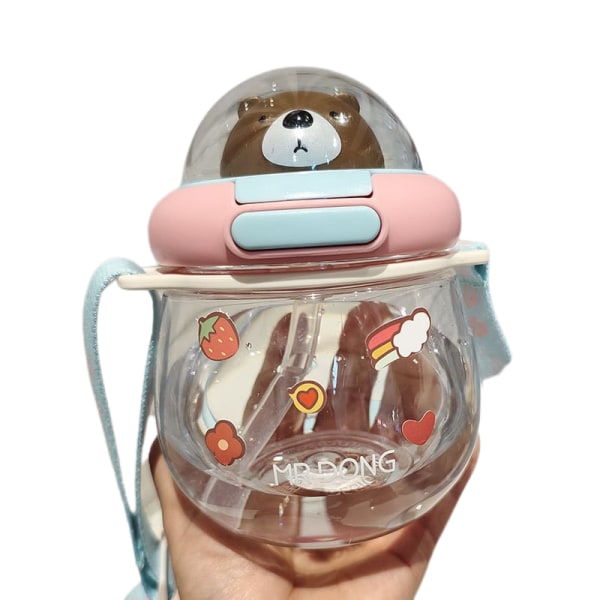 Cute Bear Straw Cup Plastic Water Cup Pink Blue + Sticker + Cup Brush 650ML