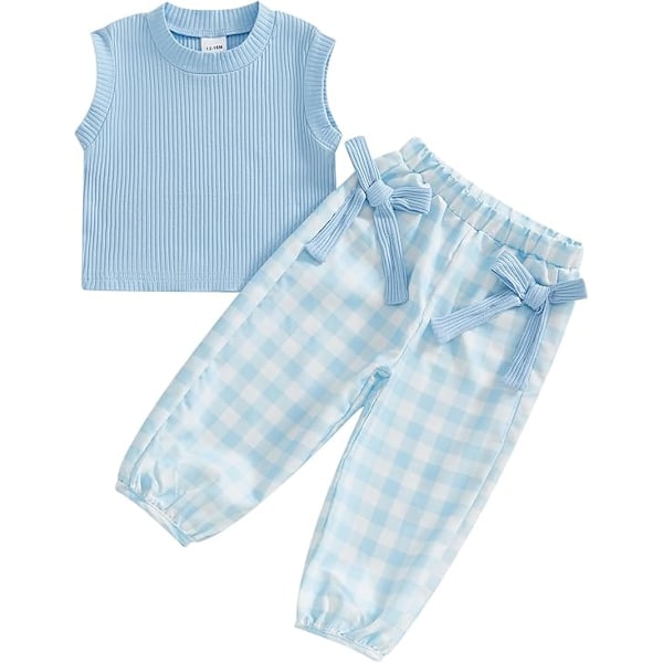 Toddler Baby Flicka Kläder Ribbstickad Ärmlös Tank Top & Rutiga Byxor med Rosett 2 Delar Vår Sommar Outfit Set 90cm