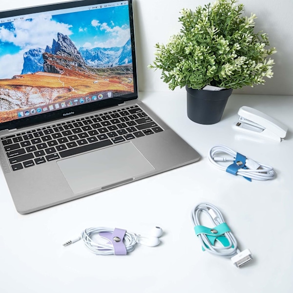 SenseAGE 5-pack Kabelorganiserare, Sladdhållare med rosett, Kabelorganiserare USB-hållare, Kabelhantering i läder, Kabelband, Hörlursvinda Random Blue