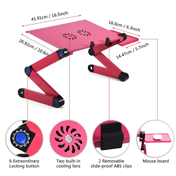 360° Justerbar Foldbar Bærbar Computer Bord Stativ Holder m/ Køling Dobbelt Vifte Mus Boad Rose Rød