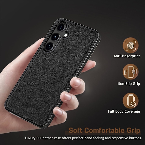 Samsung Galaxy S25 6.2 tum Skal, Premium Läder Klassisk Lyx PU Halkfritt Grepp Robust Stötfångare Stöttåligt Fullständigt Kroppsskydd Black