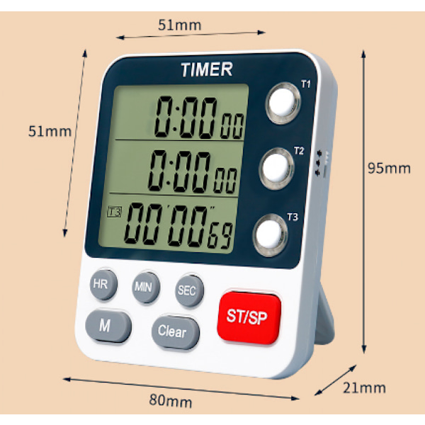 Digital dobbelt køkkentimer, 3 kanaler tæller op/ned timer, madlavningstimer, stort display, høj lydstyrkealarm og blinkende lys med magnetisk bagside, S