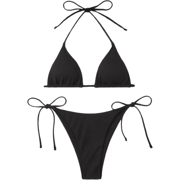 WJSM Dame Halterneck Tie Side Triangle Bikini Set Høy Skjæring 2 Delers Bikini Badetøy Black a M