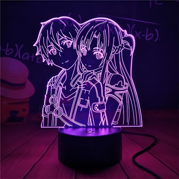 Anime 3D-lamppu Kirigaya Kazuto ja Yuuki Asuna hahmo LED-illuusio yövalo USB/paristokäyttöinen 7 värillä kosketus/kaukosäädin 16 väriä