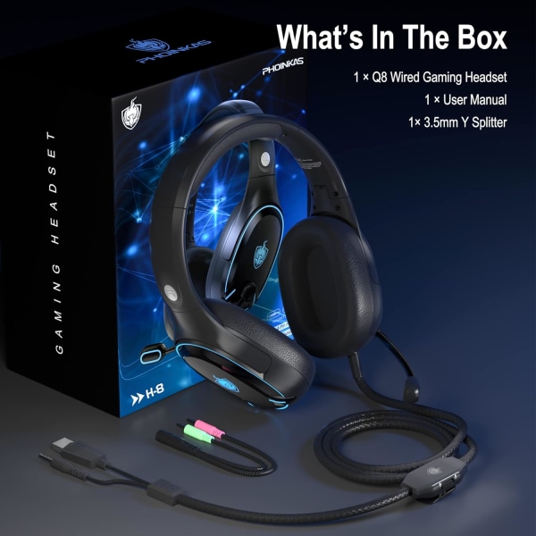 H-8 PC Gaming Headset til PS4, PS5, Controller, Xbox One Headset med stereolyd, Over Ear-hovedtelefoner med støjreducerende mikrofon, LED-lys, lydstyrke Black