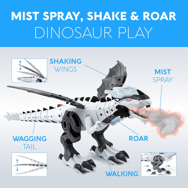 Gående dinosaurlegetøj med ildsprudende dragemistspray, realistiske lyde og simulerede røde ildlys fra munden