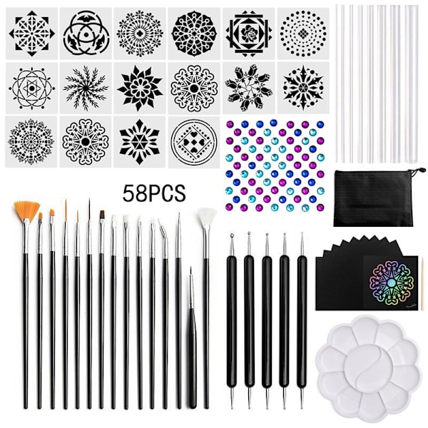Mandala prickverktyg set - 58 st prickverktygssats med prickverktyg, kulspetspenna för stenmålning, färgning, nagelkonst, ritning och ritning