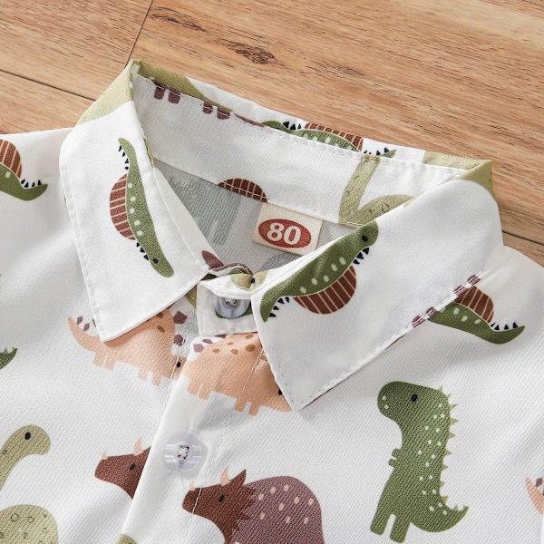 Toddler Baby Drenge Tøj Shorts Sæt Dinosaur Print Skjorte Kortærmet Knap Top Ensfarvede Shorts Sommer Sæt white 90cm
