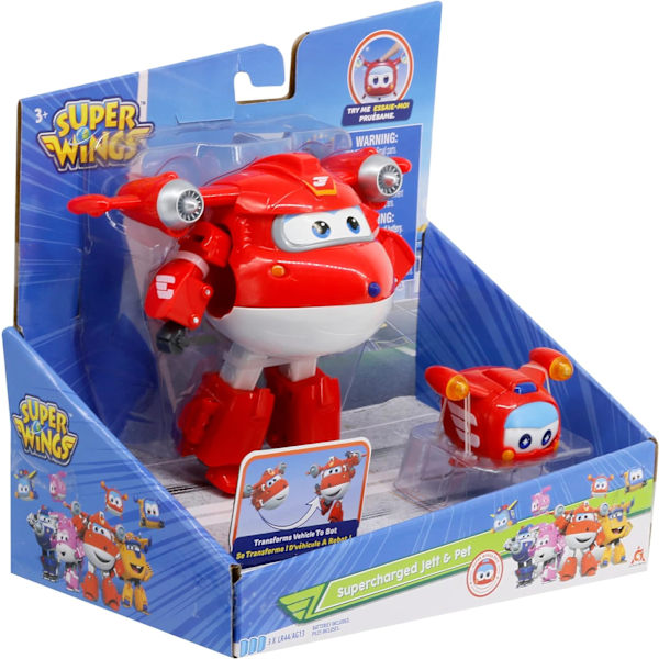 Super Wings - 5\" Transformerande 2-pack Supercharged Jett & Super Pet Jett Flygplanleksaker | Nytt från säsong 5 | Flygplan till robot Förskola Födelsedagspresenter