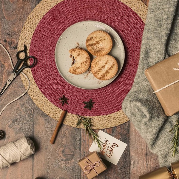 Pyöreät punotut tabletit, 6 kpl, pöytätabletit, 38 cm, pestävät, lämmönkestävät ruokapöydälle, liukumattomat sisä- ja ulkokäyttöön (R red