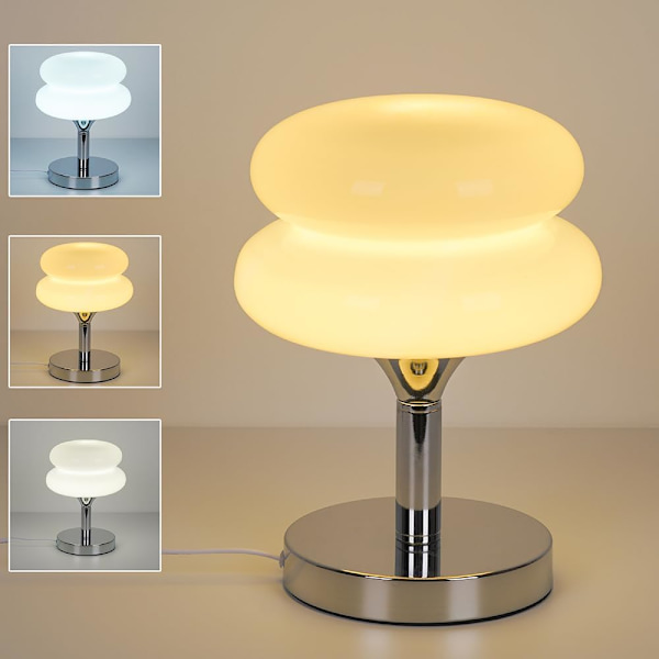 Nattbordlampe i glass, retro søt skrivebordslampe, 3 fargemoduser E27 pære krom base (hvit) europeisk støpsel trikolor