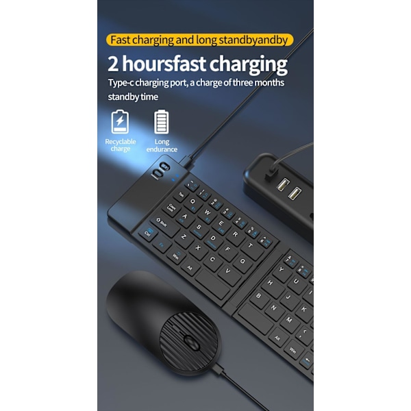 Foldbar Tastatur og Mus Combo, Bluetooth Bærbar Tastatur, Genopladelig Bærbar Rejse til iOS Android Windows Mac OS, Understøtter 3 Enheder
