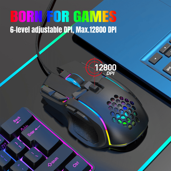 Mekanisk mus med kabel, 13 RGB-effekter, 6 DPI-niveauer, maksimal 12800 DPI, ergonomisk gamingmus til Win